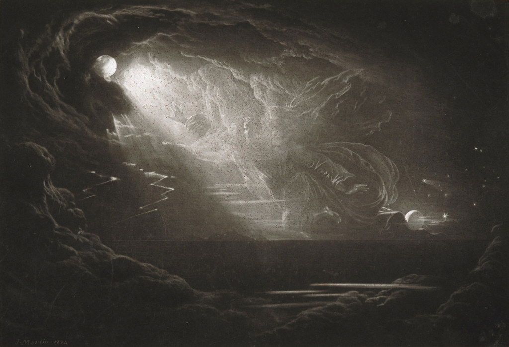 A book illustration by John Martin from Paradise Lost: Book 7, Line 339. Dated as 1827. It depicts a vast, dark, cloudy landscape above a flat horizon contrasted by a strong source of light in the starry sky, emerging from what appears to be a sun or moon. A humanlike figure, blended with the clouds but illuminated by this source of light, reaches out with one hand towards the light source.