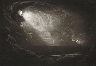 A book illustration by John Martin from Paradise Lost: Book 7, Line 339. Dated as 1827. It depicts a vast, dark, cloudy landscape above a flat horizon contrasted by a strong source of light in the starry sky, emerging from what appears to be a sun or moon. A humanlike figure, blended with the clouds but illuminated by this source of light, reaches out with one hand towards the light source.